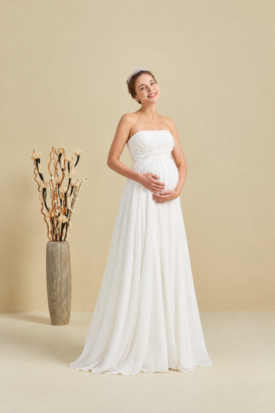 Trägerloses Umstandsbrautkleid aus Chiffon mit Empire-Taille und Schal
